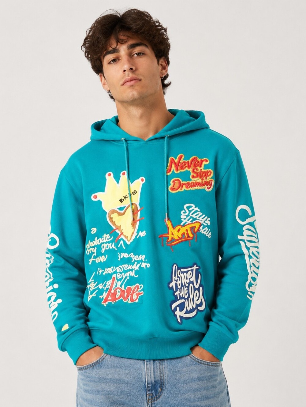 BKYS Mens Teal Blue Graffiti Graphic Patch Hoodie Sweatshirt Size Small Cotton